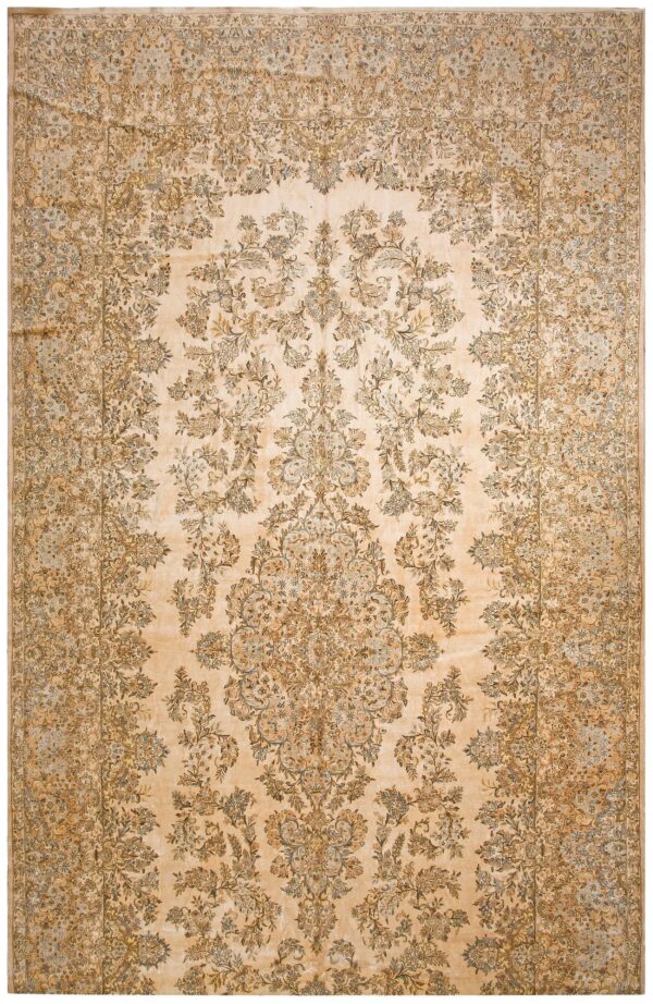 Antique persian kerman rug 10'8"ã—22' ivory field, formal medallion design, 1930s