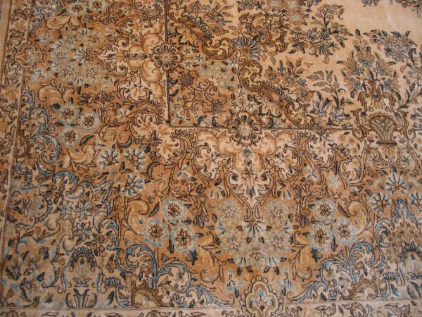 Antique persian kerman rug 10'8"ã—22' ivory field, formal medallion design, 1930s - detail view 3