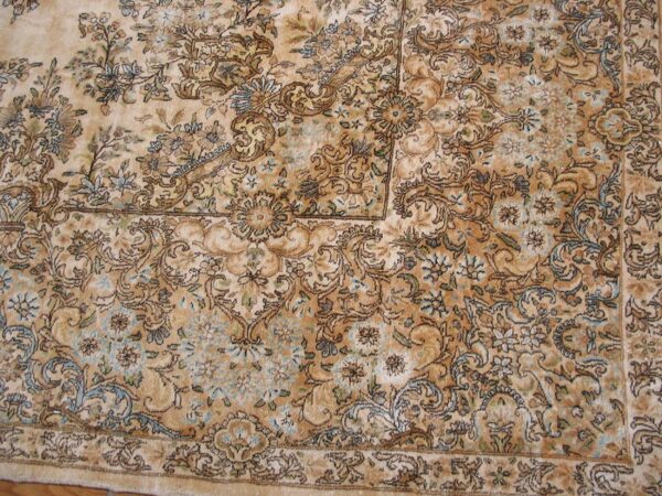 Antique persian kerman rug 10'8"ã—22' ivory field, formal medallion design, 1930s - detail view 5
