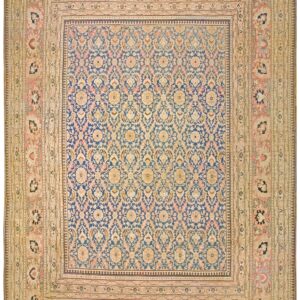Antique Persian Khorassan Moud Carpet 13'2"×20'2" Blue Allover Floral, Rose Border, Circa 1870