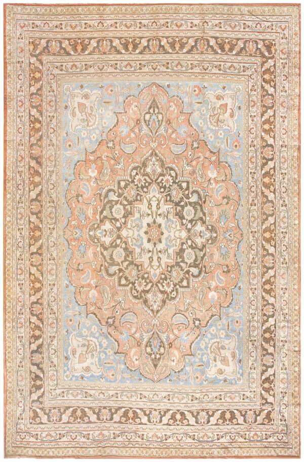 Antique persian khorassan moud carpet 10'2"×15'10" peach & brown, finely woven, circa 1890