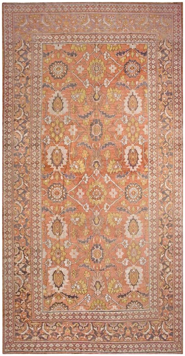 Antique persian khorassan moud gallery carpet 8'×15'8" peach & taupe, circa 1890