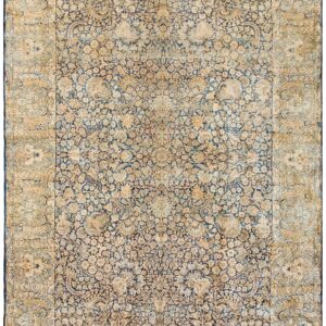 Antique Persian Kirman Carpet 8'9"×18' Blue Allover Floral, Cream Border, Circa 1925
