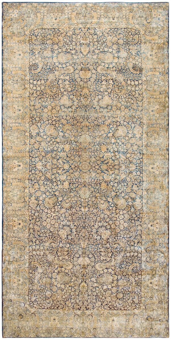 Antique persian kirman carpet 8'9"×18' blue allover floral, cream border, circa 1925 1 Antique persian kirman carpet 8'9"×18' blue allover floral, cream border, circa 1925