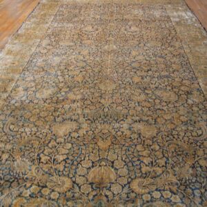Antique Persian Kirman Carpet 8'9"×18' Blue Allover Floral, Cream Border, Circa 1925 - detail view 1