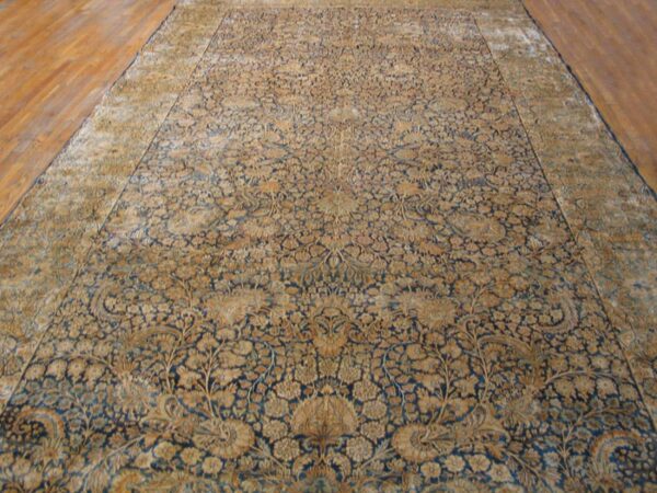 Antique persian kirman carpet 8'9"×18' blue allover floral, cream border, circa 1925 2 Antique persian kirman carpet 8'9"×18' blue allover floral, cream border, circa 1925 - detail view 1