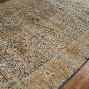 Antique Persian Kirman Carpet 8'9"×18' Blue Allover Floral, Cream Border, Circa 1925 - detail view 2