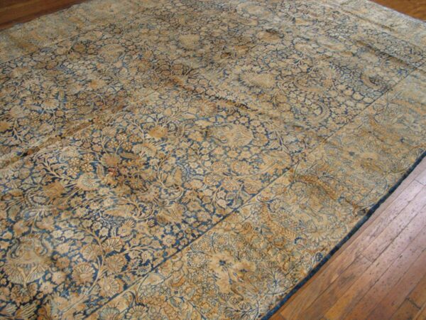 Antique persian kirman carpet 8'9"×18' blue allover floral, cream border, circa 1925 3 Antique persian kirman carpet 8'9"×18' blue allover floral, cream border, circa 1925 - detail view 2