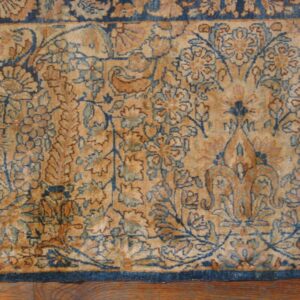 Antique Persian Kirman Carpet 8'9"×18' Blue Allover Floral, Cream Border, Circa 1925 - detail view 3