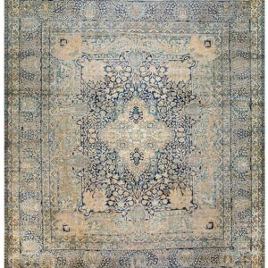 Antique Persian Kirman Carpet 14'5"Ã—15'5" Blue Field, Camel Border, Square Format, Circa 1900
