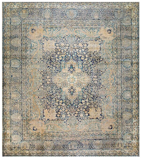 Antique persian kirman carpet 14'5"ã—15'5" blue field, camel border, square format, circa 1900