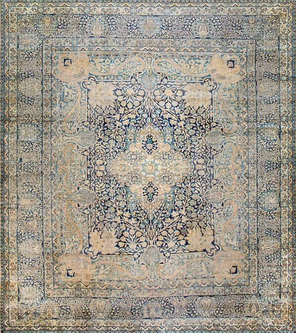 Antique persian kirman carpet 14'5"ã—15'5" blue field, camel border, square format, circa 1900 - detail view 1