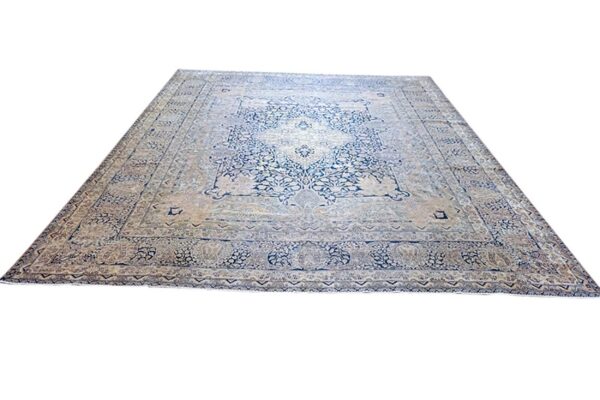 Antique persian kirman carpet 14'5"ã—15'5" blue field, camel border, square format, circa 1900 - detail view 2