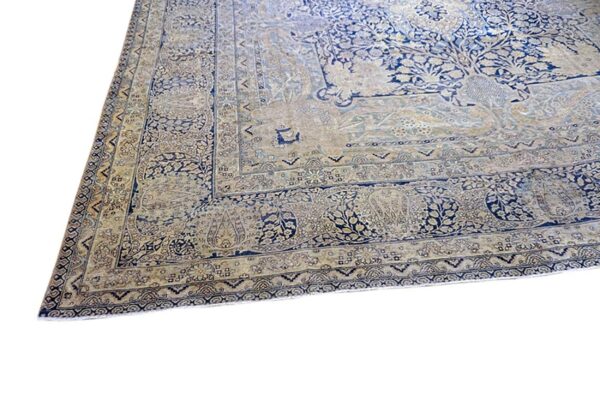 Antique persian kirman carpet 14'5"ã—15'5" blue field, camel border, square format, circa 1900 - detail view 3
