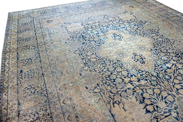 Antique persian kirman carpet 14'5"ã—15'5" blue field, camel border, square format, circa 1900 - detail view 4