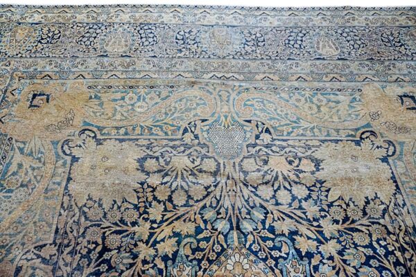 Antique persian kirman carpet 14'5"ã—15'5" blue field, camel border, square format, circa 1900 - detail view 5