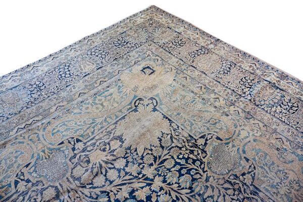 Antique persian kirman carpet 14'5"ã—15'5" blue field, camel border, square format, circa 1900 - detail view 7