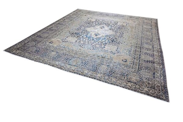 Antique persian kirman carpet 14'5"ã—15'5" blue field, camel border, square format, circa 1900 - detail view 8