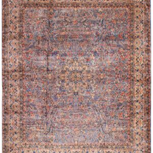 Antique Persian Kirman Carpet 13'10"×16'8" Blue Floral, Hand-Knotted Wool, 1920s
