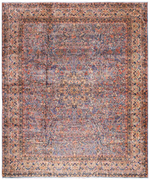 Antique persian kirman carpet 13'10"×16'8" blue floral, hand-knotted wool, 1920s