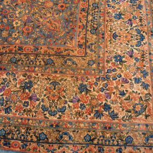Antique Persian Kirman Carpet 13'10"×16'8" Blue Floral, Hand-Knotted Wool, 1920s - detail view 1