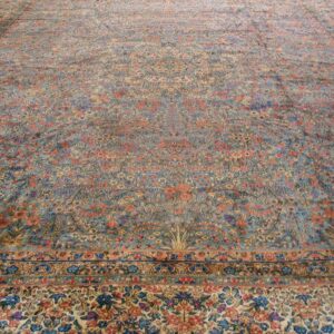 Antique Persian Kirman Carpet 13'10"×16'8" Blue Floral, Hand-Knotted Wool, 1920s - detail view 2