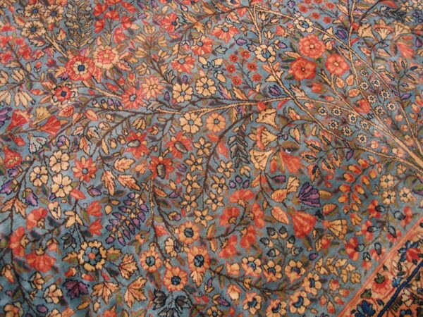 Antique persian kirman carpet 13'10"×16'8" blue floral, hand-knotted wool, 1920s - detail view 3