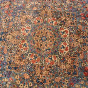 Antique Persian Kirman Carpet 13'10"×16'8" Blue Floral, Hand-Knotted Wool, 1920s - detail view 4