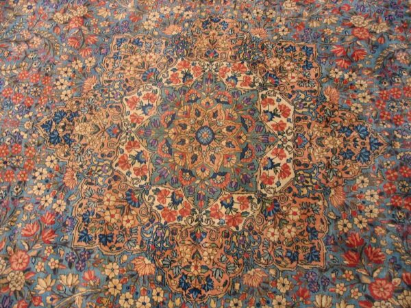 Antique persian kirman carpet 13'10"×16'8" blue floral, hand-knotted wool, 1920s - detail view 4