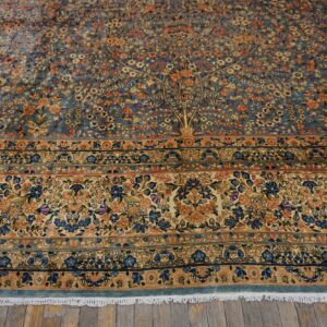 Antique Persian Kirman Carpet 13'10"×16'8" Blue Floral, Hand-Knotted Wool, 1920s - detail view 6