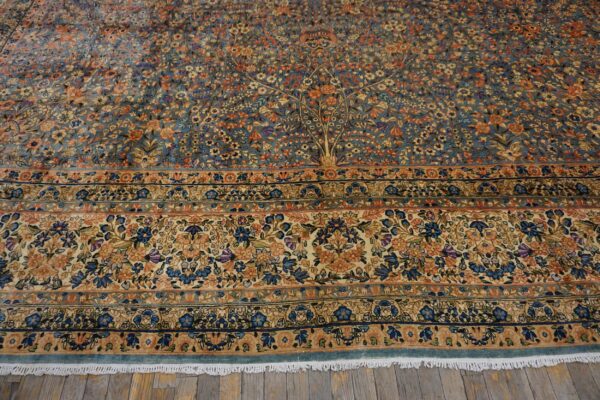 Antique persian kirman carpet 13'10"×16'8" blue floral, hand-knotted wool, 1920s - detail view 6
