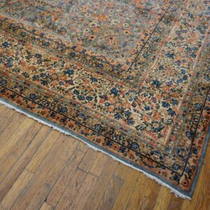 Antique Persian Kirman Carpet 13'10"×16'8" Blue Floral, Hand-Knotted Wool, 1920s - detail view 7