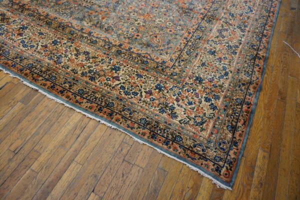 Antique persian kirman carpet 13'10"×16'8" blue floral, hand-knotted wool, 1920s - detail view 7