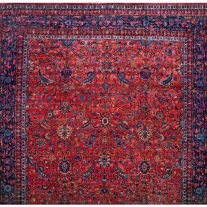 Antique Persian Kirman Carpet 15'×30' Red Floral, Hand-Knotted Wool, 1930s