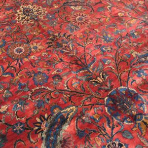 Antique Persian Kirman Carpet 15'×30' Red Floral, Hand-Knotted Wool, 1930s - detail view 1
