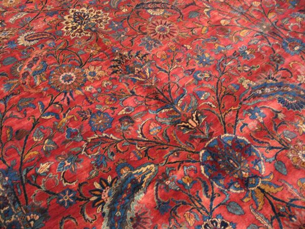 Antique persian kirman carpet 15'×30' red floral, hand-knotted wool, 1930s 2 Antique persian kirman carpet 15'×30' red floral, hand-knotted wool, 1930s - detail view 1