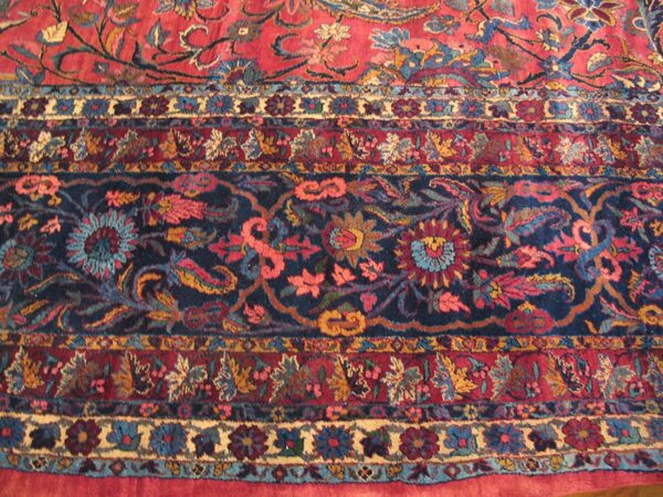 Antique persian kirman carpet 15'×30' red floral, hand-knotted wool, 1930s 3 Antique persian kirman carpet 15'×30' red floral, hand-knotted wool, 1930s - detail view 2