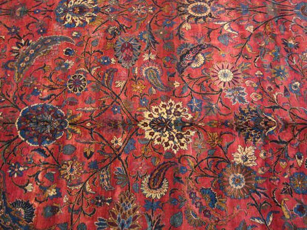 Antique persian kirman carpet 15'×30' red floral, hand-knotted wool, 1930s 4 Antique persian kirman carpet 15'×30' red floral, hand-knotted wool, 1930s - detail view 3