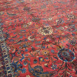 Antique Persian Kirman Carpet 15'×30' Red Floral, Hand-Knotted Wool, 1930s - detail view 4