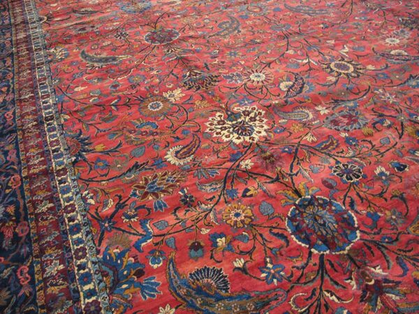Antique persian kirman carpet 15'×30' red floral, hand-knotted wool, 1930s 5 Antique persian kirman carpet 15'×30' red floral, hand-knotted wool, 1930s - detail view 4