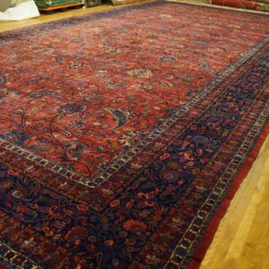 Antique Persian Kirman Carpet 15'×30' Red Floral, Hand-Knotted Wool, 1930s - detail view 5