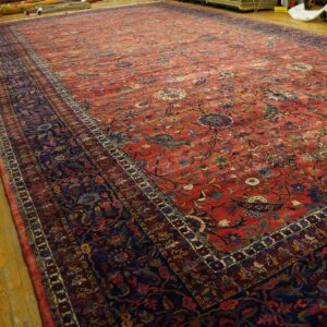 Antique Persian Kirman Carpet 15'×30' Red Floral, Hand-Knotted Wool, 1930s - detail view 6