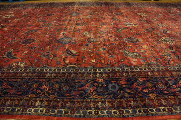 Antique persian kirman carpet 15'×30' red floral, hand-knotted wool, 1930s 8 Antique persian kirman carpet 15'×30' red floral, hand-knotted wool, 1930s - detail view 7