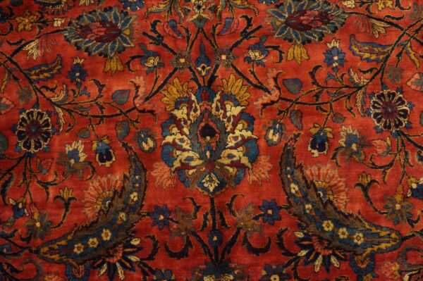 Antique persian kirman carpet 15'×30' red floral, hand-knotted wool, 1930s 9 Antique persian kirman carpet 15'×30' red floral, hand-knotted wool, 1930s - detail view 8