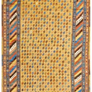 Antique Persian Kurdish Carpet 3'6"×13'7" Yellow Tribal, Multi Border, 1880s Runner