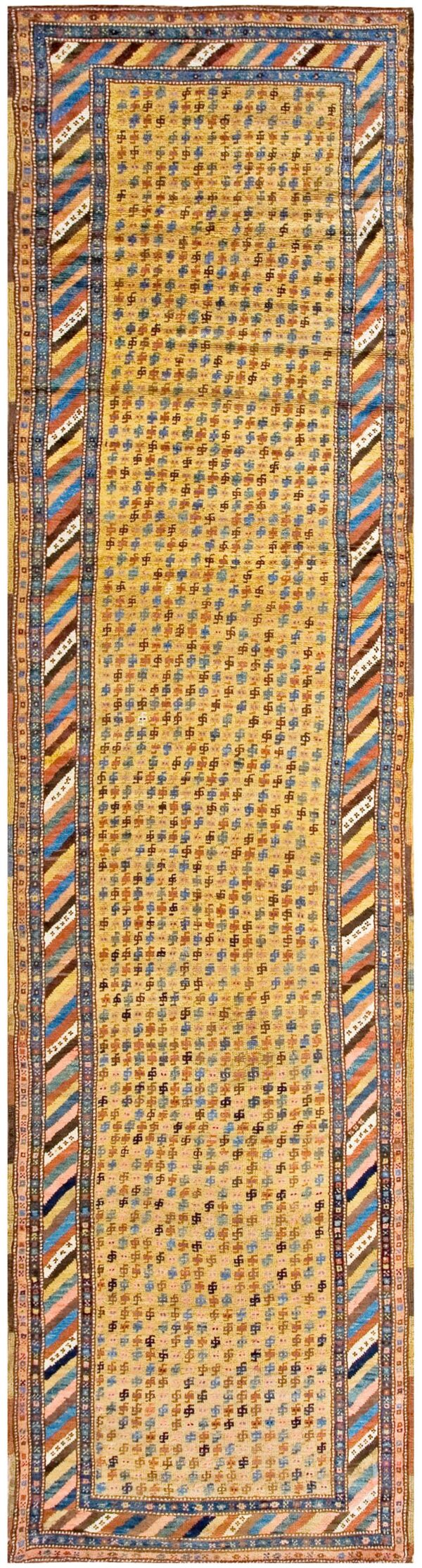 Antique persian kurdish carpet 3'6"×13'7" yellow tribal, multi border, 1880s runner
