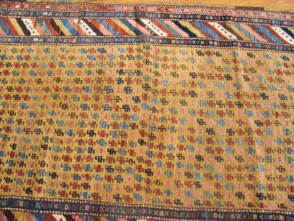 Antique persian kurdish carpet 3'6"×13'7" yellow tribal, multi border, 1880s runner - detail view 1