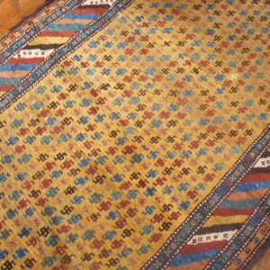 Antique Persian Kurdish Carpet 3'6"×13'7" Yellow Tribal, Multi Border, 1880s Runner - detail view 2