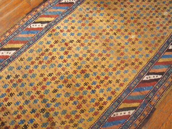 Antique persian kurdish carpet 3'6"×13'7" yellow tribal, multi border, 1880s runner - detail view 2
