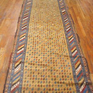 Antique Persian Kurdish Carpet 3'6"×13'7" Yellow Tribal, Multi Border, 1880s Runner - detail view 3